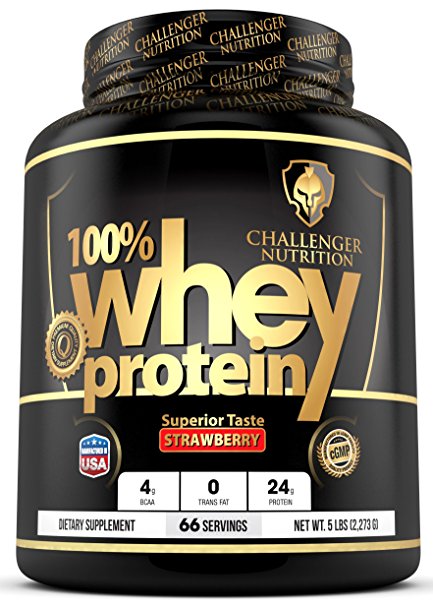 CHALLENGER NUTRITION -100% Whey Protein Powder. STRAWBERRY - 5 Pound /LBS. Best Tasting WITH 24g protein per serving. For Athletes, Bodybuilding, Muscle Building & Faster Recovery