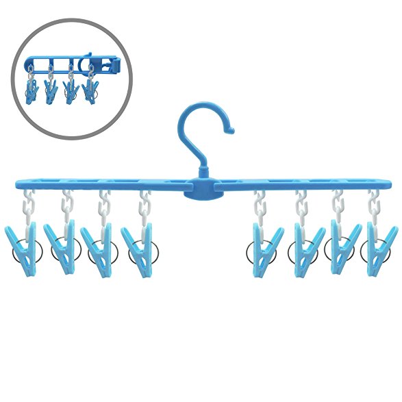 Folding Plastic Clothing Hangers with Removable Clips, Collapsible Clothes Drying Rack Drip Hanger for Home Travel Camping - 360°Rotating Hook, Blue