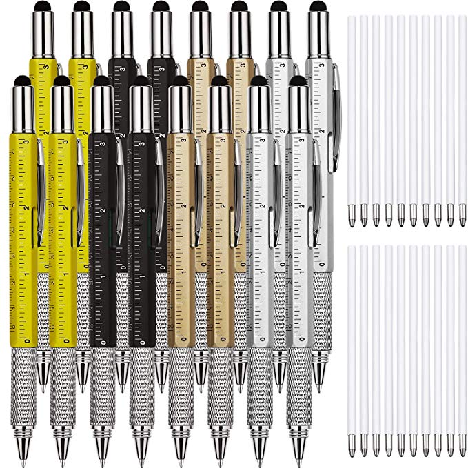 16 Pieces Gift Pen Tool Pen 6 in 1 Multitool Tech Tool Pen with Ruler, Levelgauge, Ballpoint Pen and Pen Refills, Unique Gifts for Men (Gold, Black, Silver, Yellow)