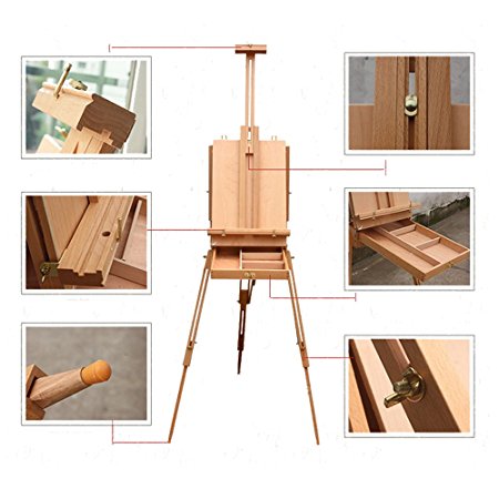 Olymstore French Easel Wooden Sketch Box Portable Folding Red Beech Art Artist Painters Tripod New
