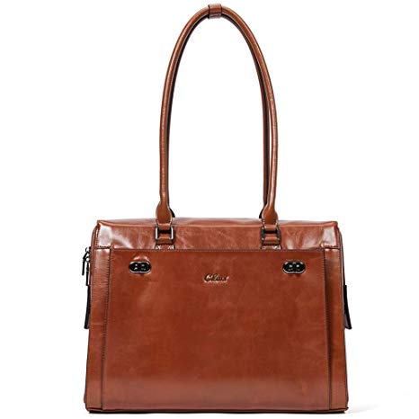 Womens Briefcase Oil Wax Genuine Leather 15.6 Inch Laptop Business Vintage Ladies Shoulder Bag Brown
