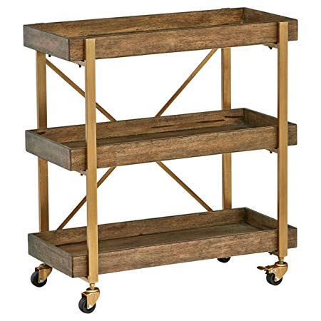 Rivet 3-Tiered Rustic Metallic Rolling Wood and Metal Bar Cart, 29.9" W, Natural