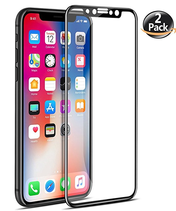 DeFitch iPhone X Screen Protector [2-Pack], [Anti-Scratch] iPhone 10 Tempered Glass 3D Full Coverage Film HD Clear Cover Bubble Free Screen Protector for iPhone X/10 (Black)