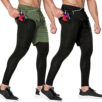 Odoland 2 Pack Mens Compression Running Pants, 2 in 1 Quick Dry Athletic Workout Sweatpants Shorts Gym Leggings with Pocket