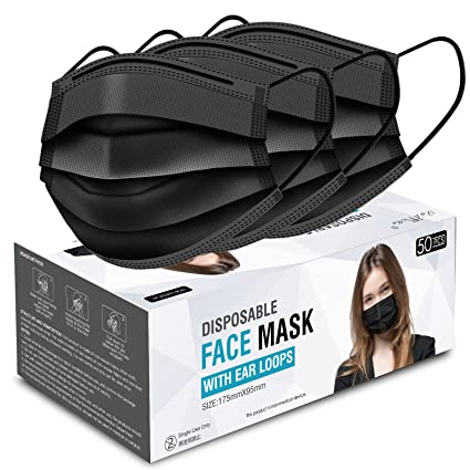 LiRainhan Black Disposable Face Masks 50 Pcs,Black Masks 3 Ply Disposable Breathable Face Mask with Elastic Ear Loop for Adult Men & Women