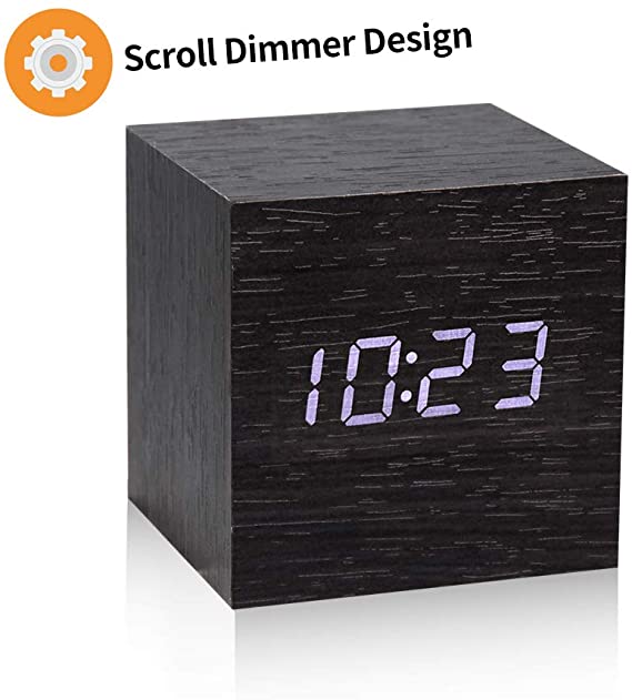 Wooden Digital Alarm Clock, MICARSKY Little Cube Clock with 7 Levels Scroll Dimmer, 5 Levels Alarm Volume, Weekend Alarm, Temperature Display, Snooze, Outlet Powered, for Bedroom, Office, Desk (Black)