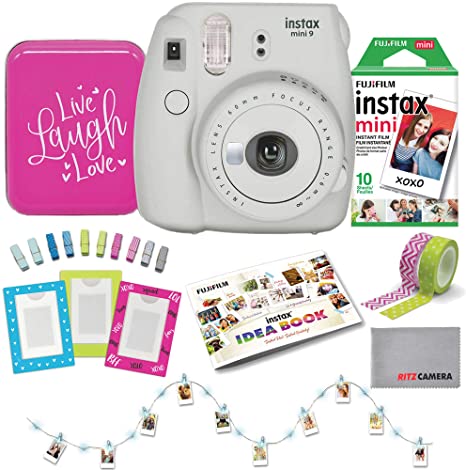 Fujifilm Instax Mini 9 with 10-Pack of Film, Photo Clip Lights, Magnetic Frames, and Accessories Back to School Bundle (White)