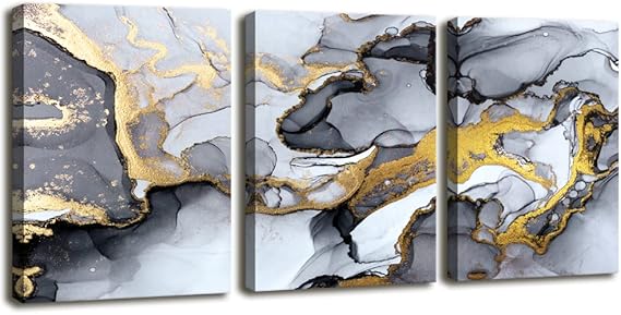 Youshion Art Black and White Grey Abstract Art,Modern Gold Fluid Ink Canvas Wall Art Prints,Wall Art for Bedroom Living Room Office Wall Decor Picture Artwork Home Kitchen Decor 12" X 16" 3 Pieces