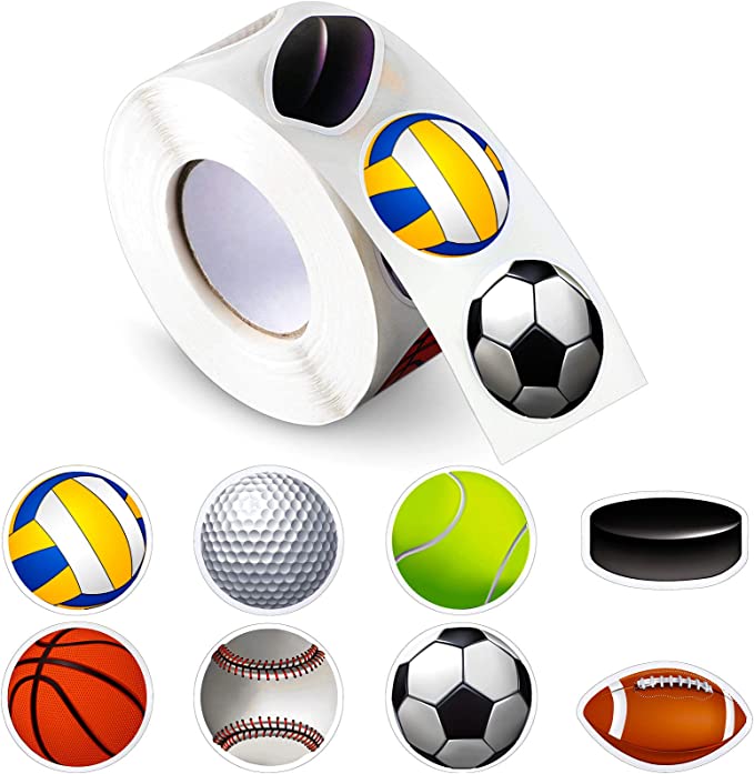 800 Pieces Mixed Sports Balls Stickers 1.38 Inches Waterproof Basketball Baseball Soccer Ball Football Tennis Golf Puck Volleyball Themed Party Decorative Stickers for Birthday Party, C