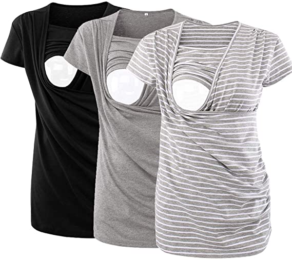 Ecavus 3PCS Women's Maternity Nursing Tops Short & Long Sleeve Side Ruched Breastfeeding Shirt