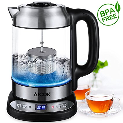 Aicok Stainless Steel Glass Kettle Temperature Control Electric Kettle ,Jug Cordless kettle with Blue LED Light,Auto Shut Off and Overheating Protection,1.7L