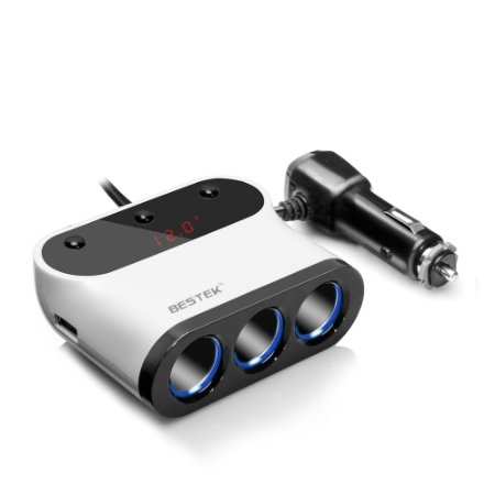 BESTEKreg Car Cigarette Lighter Adapter 5 Way DC Socket Splitter Dual USB Car Charger with Separate Switches Intelligent Car Battery Voltage Detection with Red Digital Display and Blue Indicator Charging iPhone 6 iPhone 6 Plus 5S 5C 5 4S 4 iPads and iPods Samsung Galaxy S5 S4 S3 Galaxy Note 3 2 Motorola Droid RAZR MAXX HTC One X V S GPS and More BTSA12WH