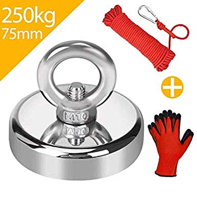 Jewan Round Neodymium Eyebolt Fishing Magnet, Super Power N52 Pulling Force 551LBS(250KG), Diameter 75mm with 66ft Red Rope and a Pair of Gloves for Magnet Fishing and Salvage in River