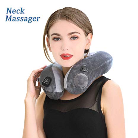 BestMaxs Massage Neck Pillow Inflatable Travel Massager for Airplane Train Car Home U Shape Vibration Pillow Pain Relief for Shoulder Back Lumbar Leg