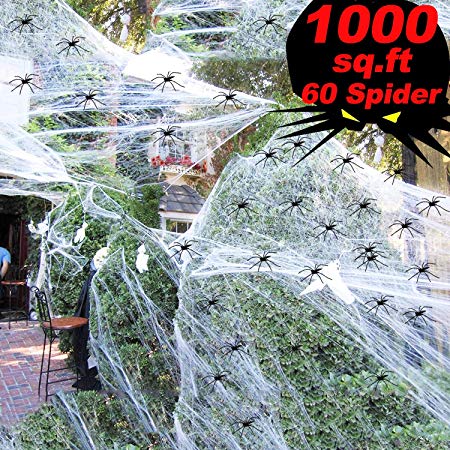 1000 sqft Halloween Spider Web Decorations,Super Stretch Spider Web with 60 Plastic Fake Spider Halloween Party Supplies Scene Props Indoor Outdoor Decorations for Bar Haunted House (300g/10.58 oz)