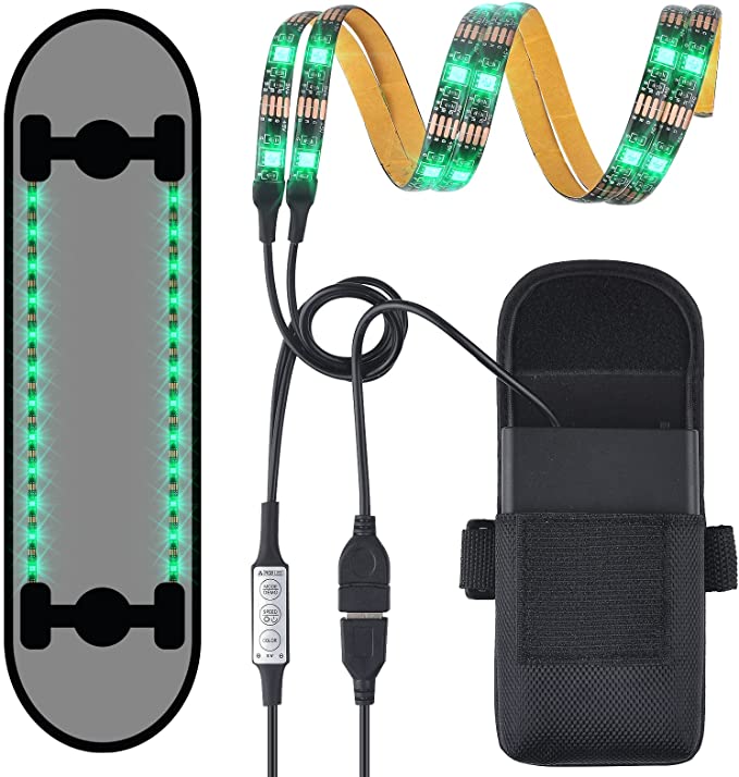 JFDWOPHT Upgraded Skateboard Strip Light Battery-Powered Waterproof Flexible RGB Color Changing LED Underglow Strip Light with Mini 3-Key Controller for Skateboard Longboard Scooter (2 × 19 inch)