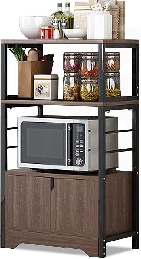 AKOZLIN 3-Tier Freestanding Kitchen Sideboard 43.5" H Buffet Wood Console Cupboard Storage Pantry Cabinet Microwave Oven Stand with 2 Doors and Open Shelves,Coffee Color