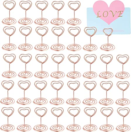 36 Pieces Mini Place Card Holder Table Number Holder Picture Stand Wire Tabletop Photo Holder Metal Table Picture Clamps Menu Memo Clips for Banquet Restaurants Wedding Party (Rose Gold,Heart Style)