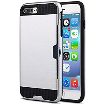 iPhone 7 Plus Case,Hanlesi Brushed Armor [PC Texture] Card Slot, Flexible Durability TPU Defensive Shockproof Wallet Case for Apple iPhone 7 Plus 5.5 inches -Silver