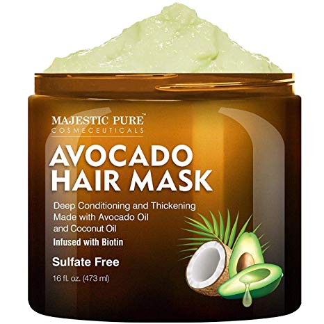 MAJESTIC PURE Avocado and Coconut Hair Mask for Dry Damaged Hair - Infused with Biotin - Deep Conditioning, Hair Thickening, for Healthy Hydrated Hair, Sulfate Free, 16 fl oz