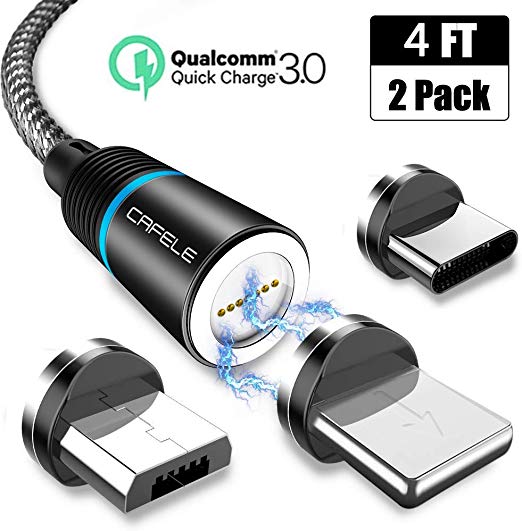 Magnetic Charging Cable, CAFELE [2-Pack 4ft] 3 in 1 Magnet Phone Charger Nylon Braided USB 3.1A Fast Charging Cord with LED Light Compatible with Micro USB, Type C, iOS Devices - Black