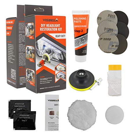 Visbella DIY Vehicle Headlight Restoration Kit, Heavy Duty Drill Based, Headlight Restore with UV Protection