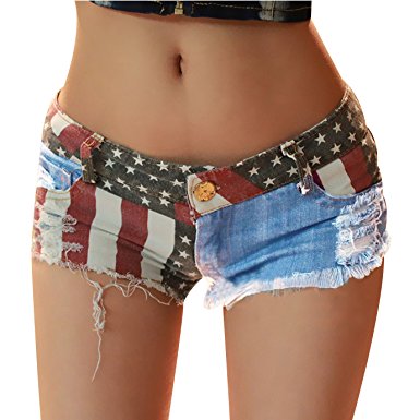 Fashion Story Hot Pants Mini Jeans Shorts Women American US Flag Denim