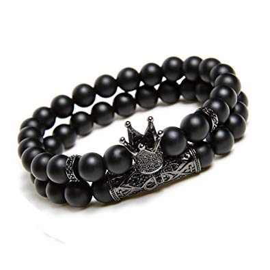 KAMRESH Black Matte Beads Bracelets 8mm Onyx Stone Bracelets Sets Charm King Crown for Women Men Jewelry