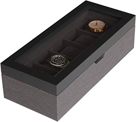Two-Toned Herringbone and Solid Wood Watch Box Organizer Case with Glass Display Top by Case Elegance