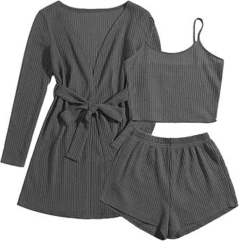 Ekouaer Womens 3 Piece Waffle Knit Lounge Set Soft Pajama Sets Tank Top and Shorts Cardigan with Pockets S-XXL