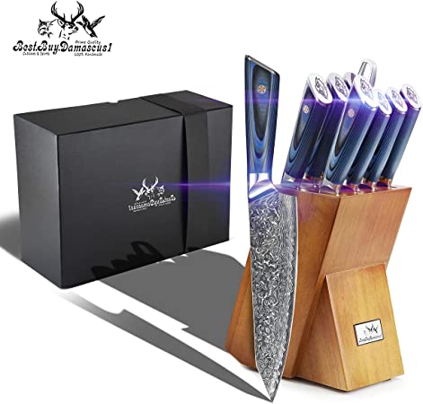 9 pieces Japanese AUS-10 Damascus Stainless Steel Chefs Knives set wood Knife block sets High Carbon Core Damascus Steel FullTang Blue G10 Handel Shrap chefs professional home kitchen chef knives set