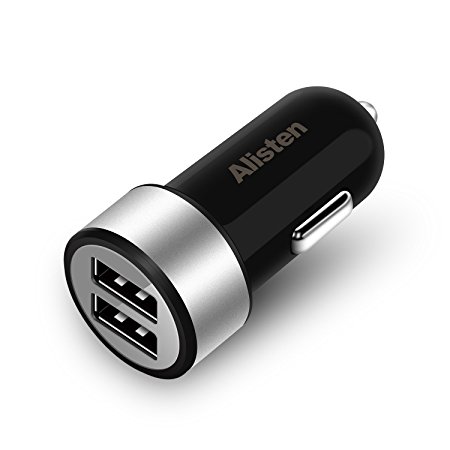 Alisten Small Mini 2 Port Auto USB Car Charger, Dual Port Super Fast Charging Super Portable Cell Phone Car USB Charger for iPhone iPad Android Samsung Smartphone Cellphone 5V 4.8A 24W Black