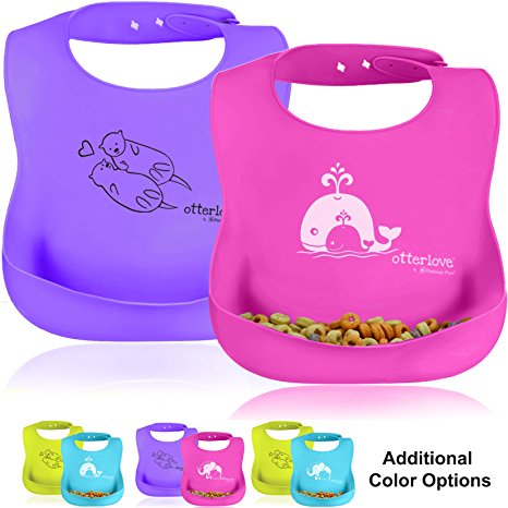 Platinum Silicone Bib - Waterproof Baby Bibs with Wide Food Catching Pocket – Easy to Clean – Toddler Proof – Mess Proof – Dishwasher Safe – BPA Free (2 Bib Pack - Pink Whales & Purple Otters)