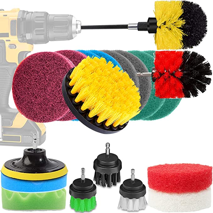 Drill Brushes for Cleaning, WEWINK CUKOO 20 Pcs Drill Brush and Scrub Pads, Power Scrubber Cleaning Brush with Long Reach Attachment for Bathroom Scrubbing, Carpet, Grout Scrubbing, and Tile Cleaning