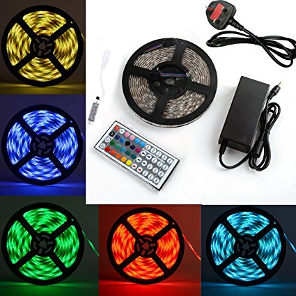 NICEKER 5050 LED Strip Lights - 16.4ft / 5M Flexible 5050 RGB LED Light With Mini 44key LED Controller and DC 12V5A Power Adapter Built-in IC and Fuse