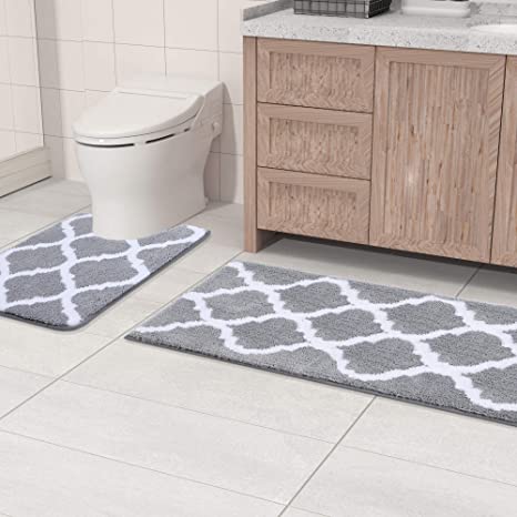 Olanly Bathroom Rugs Set 2 Piece Microfiber Bath Shower Mat and U-Shaped Toilet Rug, Machine Wash Dry, Non Slip Absorbent Shaggy Bath Rug for Tub, Shower and Bath Room (17"x47" 20"x24", Grey)