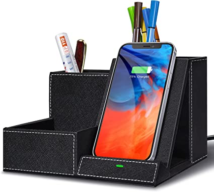 Topmade Fast Wireless Charger with Desk Organizer ,Desk Storage,Multifunctional Desktop Organizer All in One Office Supplies and Desk Accessories Organizer with 3 Compartments and 1 Phone Stand