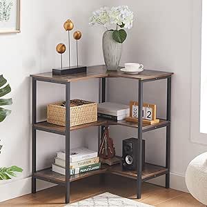 VECELO Corner Cabinet Table with 3 Tier Open Shelf, Multipurpose Display Organizer Storage Stand, for Small Space Living Room Home Office Kitchen, Brown