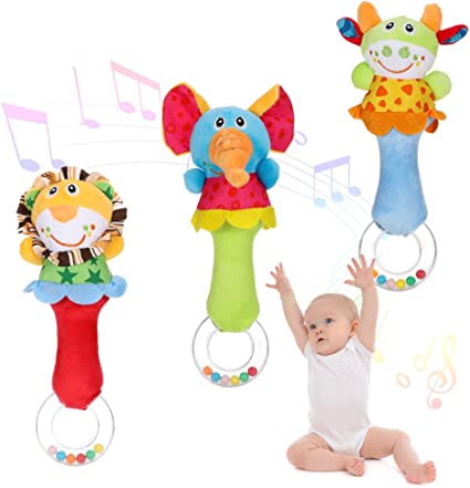 Yorgewd 3 Pack Baby Rattles Baby Shaker Soft Stuffed Animal Toys Musical Educational Toys Infant Developmental for Baby 0 - 12 Months (Elephant/Lion/Calf)