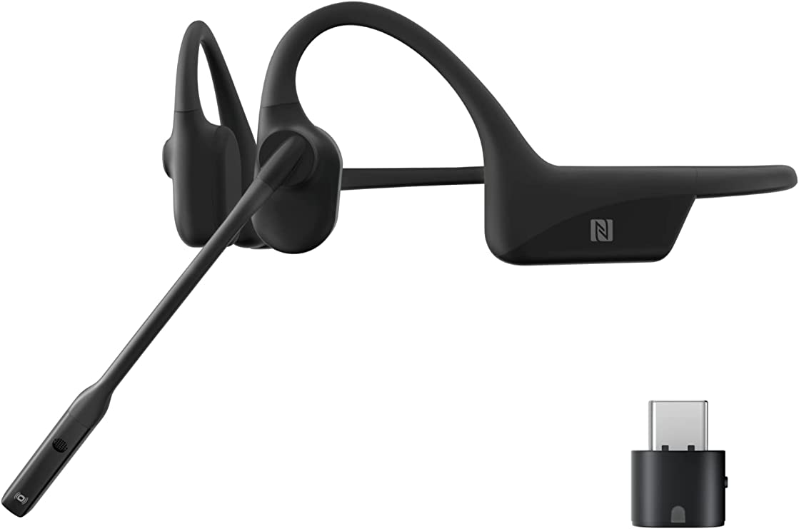 SHOKZ OpenComm UC Bone Conduction Bluetooth Stereo Computer Headset with Loop110 USB-C Adapter-Wireless PC Headphones with Noise-Canceling Boom Microphone for Home Office Use,with Bookmark