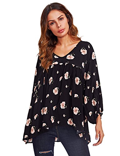 ROMWE Women's Floral Long Sleeve Ruffle High Low Loose Blouse Tunic Top