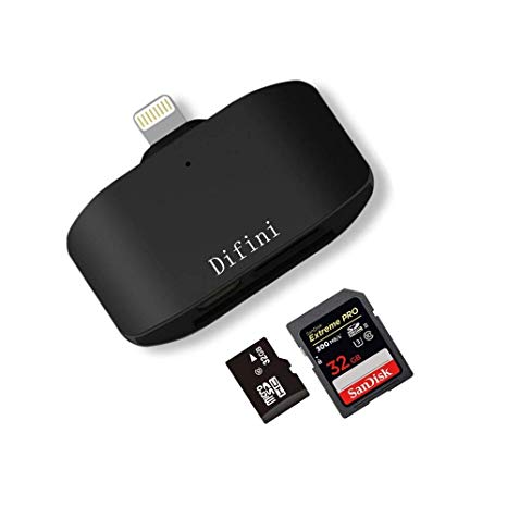 Difini SD Card Reader,with Lightning Micro SD\TF Memory Card Trail Game Camera Reader for Apple iPhone iPad IOS External Storage Memory Expansion Adapter (Black)