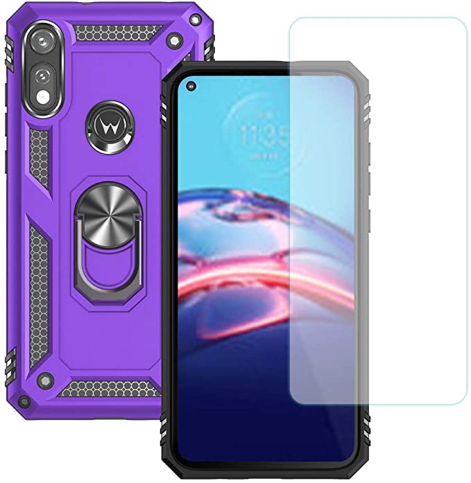 Moto E Phone Case, Motorola e Case with HD Screen Protector, Yiakeng Military Grade Protective Cases with Ring for Moto E 2020 (Purple)