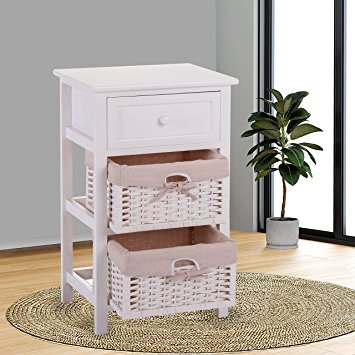 JAXPETY White Night Stand 3 Tiers 1 Drawer Bedside End Table Organizer Wood W/2 Baskets (White)