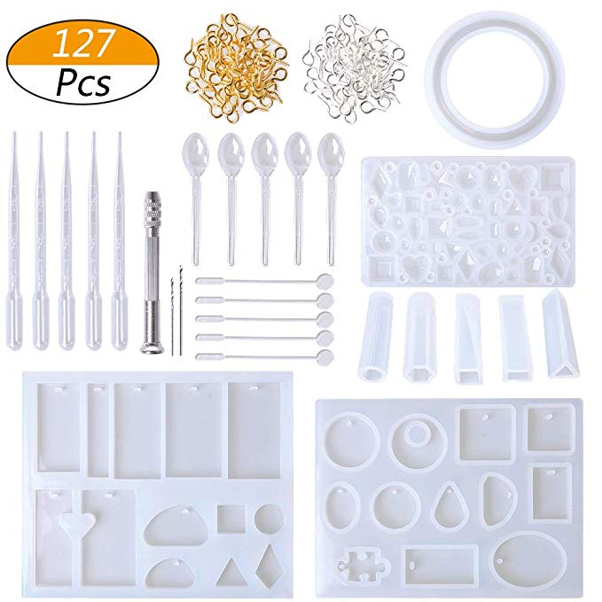LAMPTOP Resin Casting Molds and Tools Set, Jewelry Molds Include 127Pcs Assorted Styles Silicone Molds, Stirrers, Droppers, Spoons, Hand Twist Drill and Screw Eye Pins for Pendant Jewelry Making