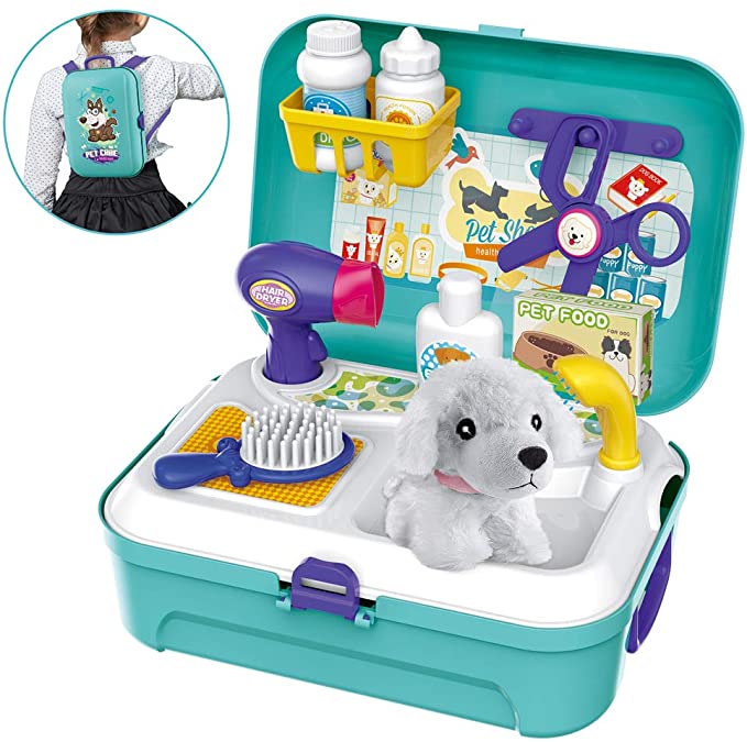 Pet Care Play Set Dog Grooming Kit with Backpack Doctor Set Vet Kit Educational Toy-Pretend Play for Toddlers Kids Children (16 pcs)
