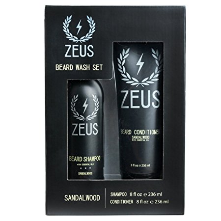 Zeus Beard Shampoo and Beard Conditioner Set for Men - (8 oz. Bottles) (Sandalwood)