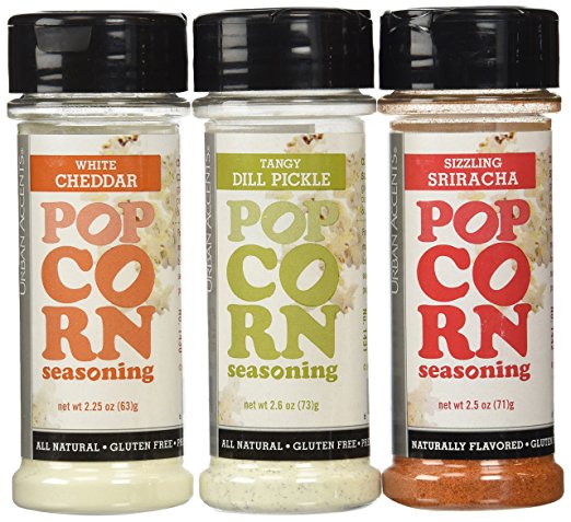 Urban Accents All Natural Gluten Free Premium Popcorn Seasoning Variety Pack: (1) Sizzling Sriracha Popcorn Seasoning, (1) White Cheddar Popcorn Seasoning, and (1) Tangy Dill Pickle Popcorn Seasoning, 2.25-2.6 Oz. Ea.