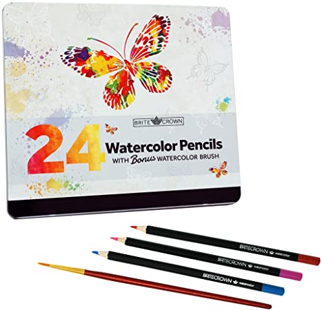 Brite Crown Watercolor Pencil Set – Includes 24 Colorful Art Drawing Pencils and 1 Water Color Paint Brush for Blending – Unique Tin Kit with Pencils for Watercolor Sketching and Wet Media Design
