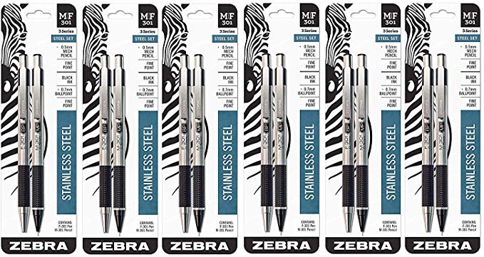 Zebra M/F 301 Stainless Steel Mechanical Pencil and Ballpoint Pen Set, Fine Point, 0.5mm HB Lead Pencil and 0.7mm Black Ink Pen, 6 Pack